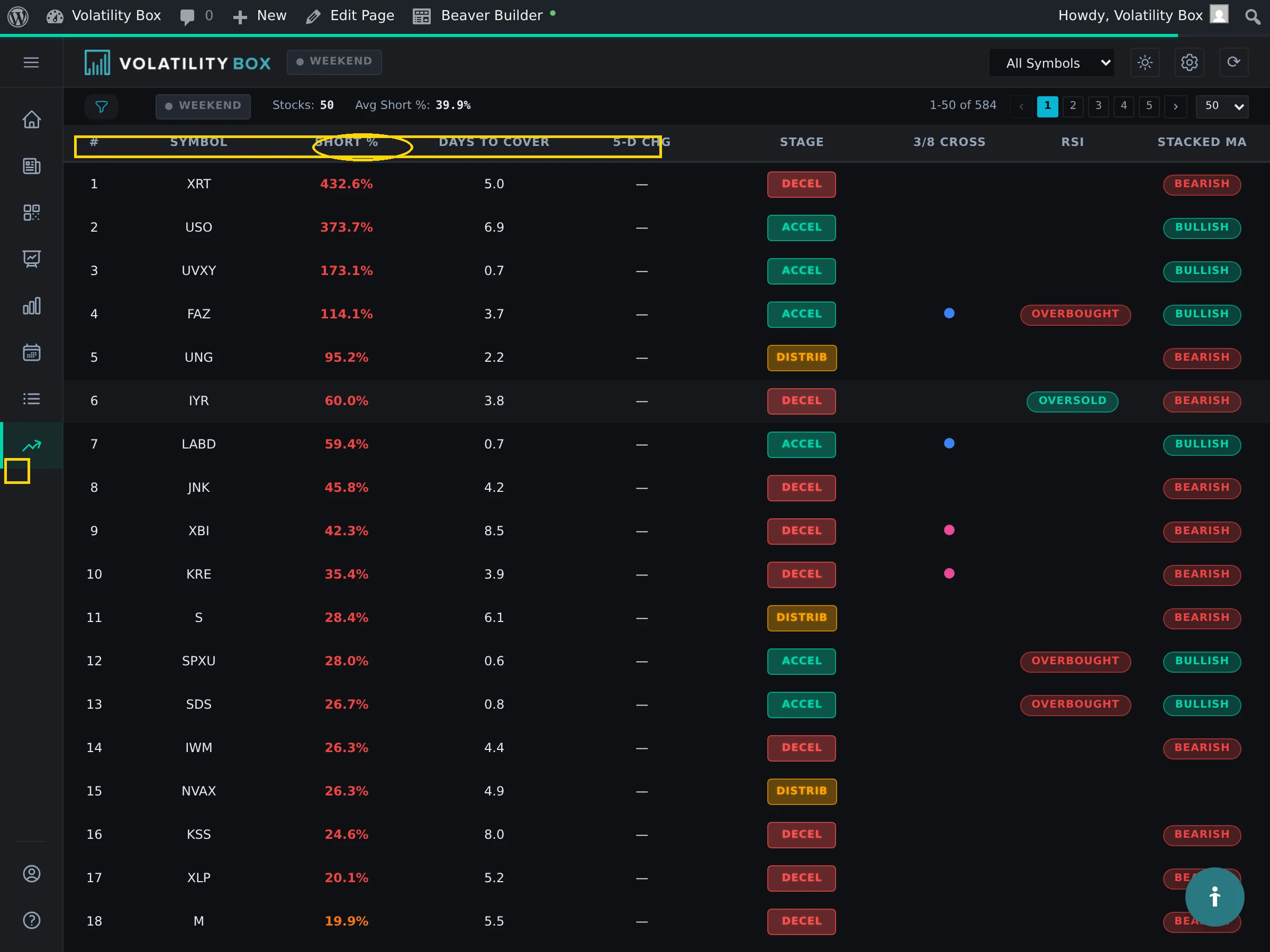 short interest scanner main view. capture the full scanner page showing the sidebar with short interest tab highlighted,