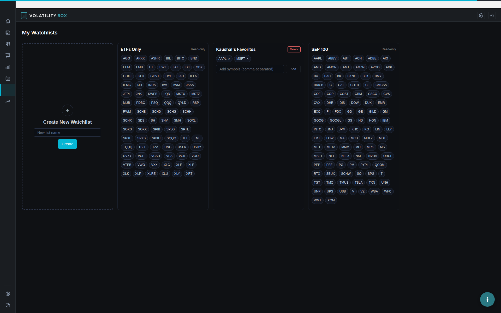 Volatility Box custom watchlists management interface